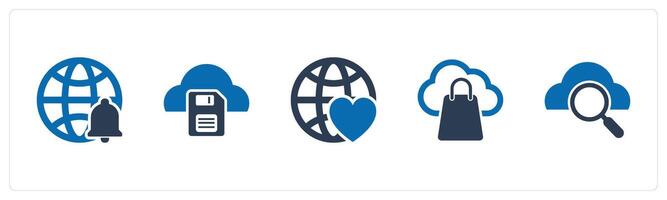 A set of 5 Internet icons as global notification, cloud memory card, favorite global vector