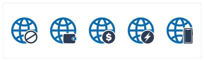 A set of 5 Internet icons as global prohibited, global wallet, financial global vector