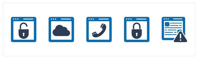A set of 5 Internet icons as webpage protection, cloud webpage, online call vector