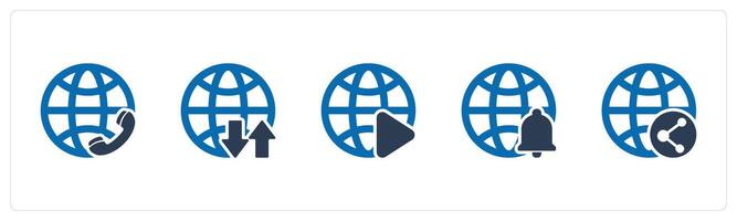 A set of 5 Internet icons as international call, global synchronize, global vector