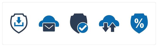 A set of 5 Internet icons as download shield, cloud message, approved shield vector