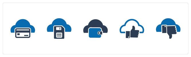 A set of 5 Internet icons as cloud card, cloud memory card, cloud wallet vector