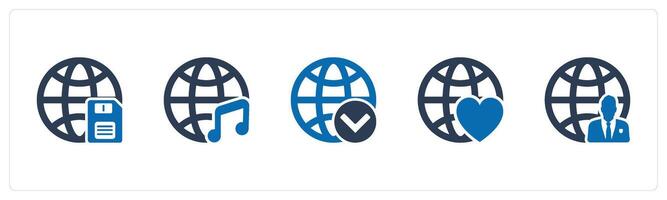 A set of 5 Internet icons as global card, global music, globe vector