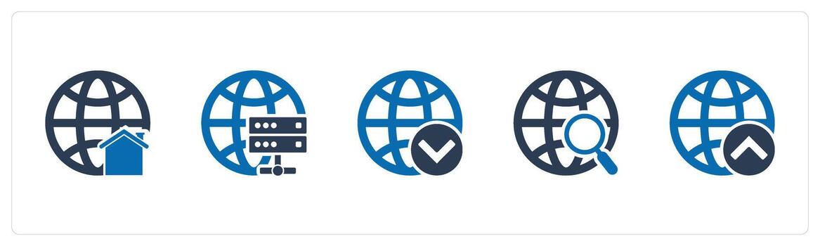 A set of 5 Internet icons as global business, global server, globe vector