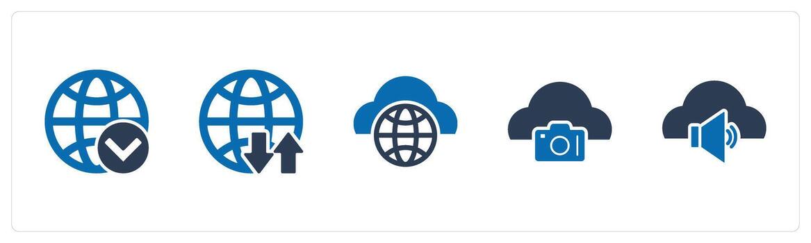 A set of 5 Internet icons as globe, global synchronize, global cloud, image cloud vector