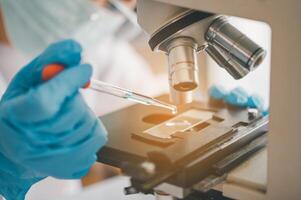 Female researchers are experimenting with pipette dropping a sample into a test tube in an experiment research in laboratory.. photo