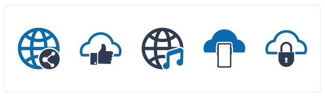 A set of 5 Internet icons as global share, approve cloud, global music vector