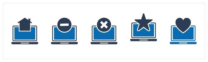 A set of 5 Internet icons as home laptop, remove laptop, wrong laptop vector