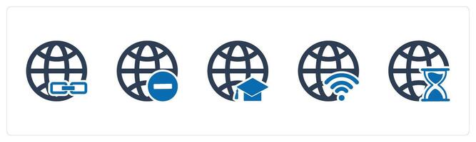 A set of 5 Internet icons as link global, remove globe, global education vector