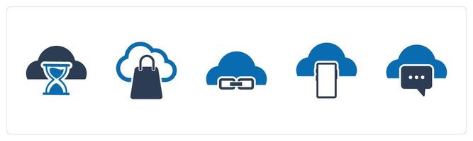 A set of 5 Internet icons as cloud hourglass, cloud shopping, link cloud vector