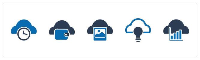 A set of 5 Internet icons as cloud time, cloud wallet, cloud image vector