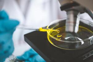 Female researchers are experimenting with pipette dropping a sample into a test tube in an experiment research in laboratory.. photo