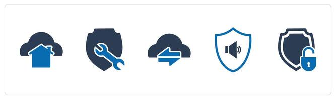 A set of 5 Internet icons as home cloud, shield maintenance, synchronize cloud vector