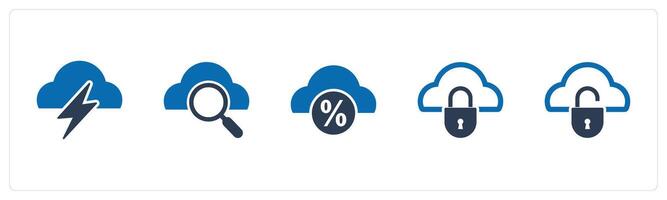 A set of 5 Internet icons as thunder, search cloud, cloud discount vector