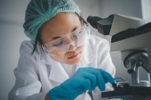Female researchers are experimenting with pipette dropping a sample into a test tube in an experiment research in laboratory.. photo