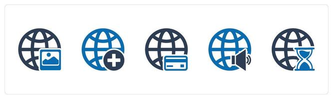 A set of 5 Internet icons as global image, add global, global volume vector
