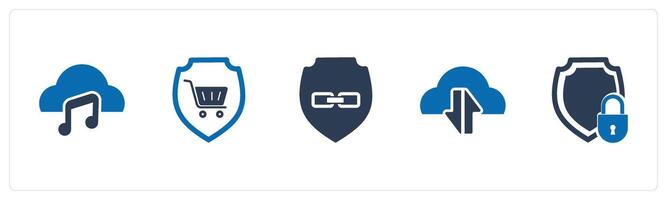 A set of 5 Internet icons as music cloud, shopping shield, link security vector