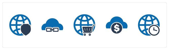 A set of 5 Internet icons as global security, link cloud, global cart vector