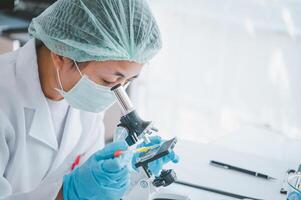 Female researchers are experimenting with pipette dropping a sample into a test tube in an experiment research in laboratory.. photo