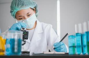 Female researchers are experimenting with pipette dropping a sample into a test tube in an experiment research in laboratory.. photo