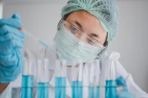 Female researchers are experimenting with pipette dropping a sample into a test tube in an experiment research in laboratory.. photo