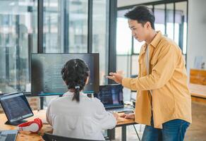 team programmer focuses on software development, site design, and the advancement of coding and programming technology.concepts for technological development photo
