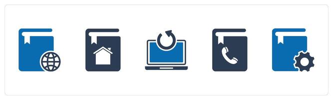 A set of 5 Document icons as global book, home book, update laptop vector