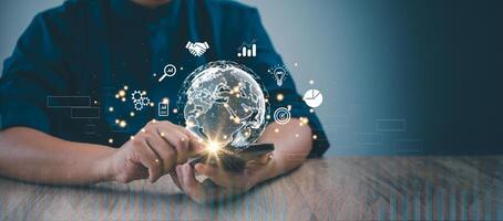 Businessman holding virtual Global Internet connection metaverse. Business global internet connection application technology and digital marketing.Financial and banking, Digital link tech photo