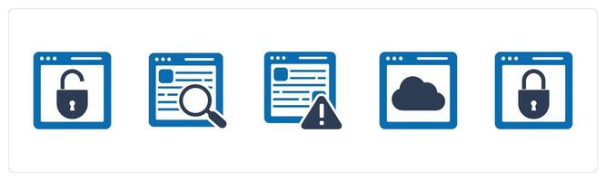 A set of 5 Internet icons as webpage protection, webpage search, webpage maintenance vector
