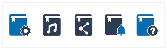 A set of 5 Document icons as book setting, music book, share book vector