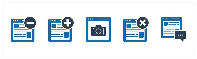 A set of 5 Internet icons as remove webpage, create webpage, online photography vector