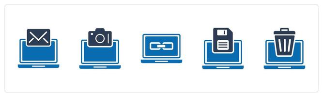 A set of 5 Internet icons as online conversation, online photography, link laptop vector