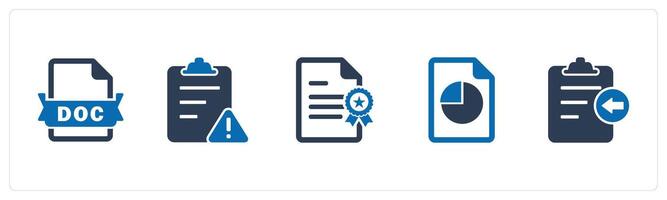 A set of 5 Document icons as doc file, page maintenance, certificate vector