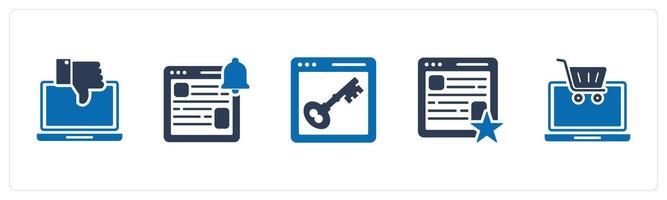 A set of 5 Internet icons as dislike laptop, webpage notification, webpage protection vector