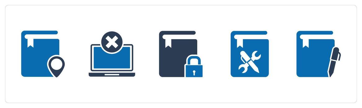 A set of 5 Document icons as location book, wrong laptop, book security vector