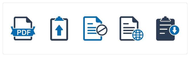 A set of 5 Document icons as pdf file, upload page, document prohibited vector