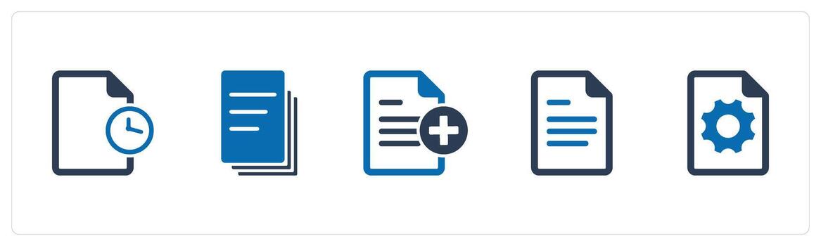 A set of 5 Document icons as document time, duplicate copy, create page vector