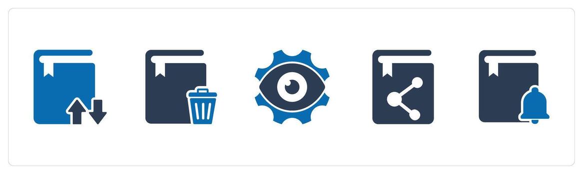 A set of 5 Document icons as synchronize book, trash book, view settings vector