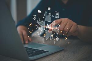 Artificial intelligence AI technology,man using chat with AI management and support technology in the Business.Futuristic technology transformation. photo