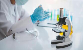 Female researchers are experimenting with pipette dropping a sample into a test tube in an experiment research in laboratory.. photo