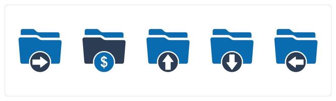 A set of 5 Document icons as search folder, finance folder, upload folder vector