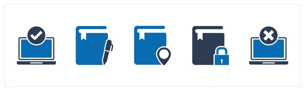 un conjunto de 5 5 documento íconos como aprobado computadora portátil, bloc, ubicación libro vector