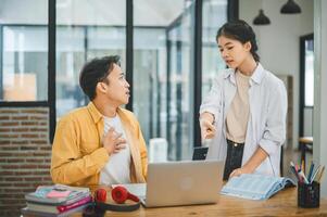 Young students quarrel when their work fails and goals are not met. , communication does not understand each other photo
