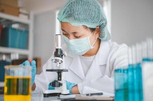 Female researchers are experimenting with pipette dropping a sample into a test tube in an experiment research in laboratory.. photo