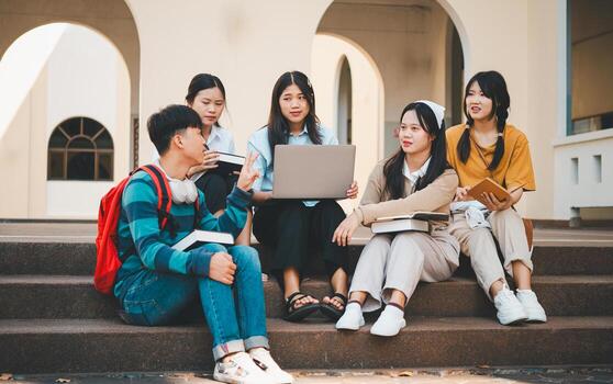 group of students young university students consulting doing homework, cooperating research plan Discuss concepts and strategies. Prepare presentations on laptops and tablet computers. photo