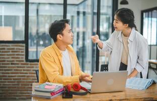 Young students quarrel when their work fails and goals are not met. , communication does not understand each other photo