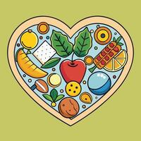 Heart shaped food and drink icons in a circle vector