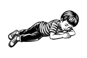 A black and white drawing of a boy laying on the ground vector