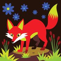 A cartoon red fox standing on a rock in a field vector