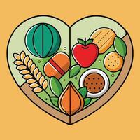 Healthy food in heart shape with fruits and vegetables vector